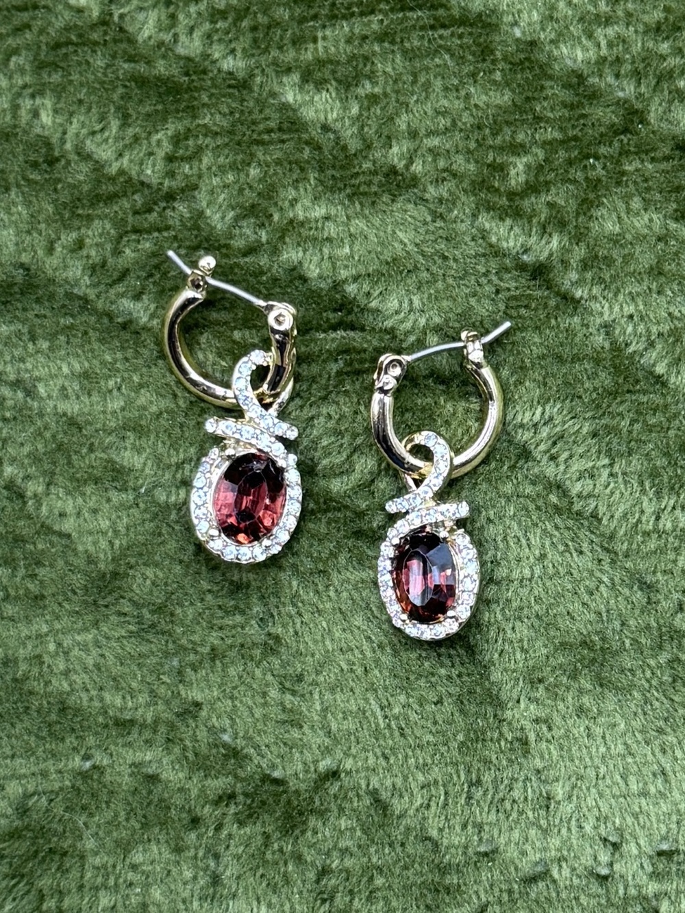 Gold Hoop Drop Earrings with Oval Garnet Gemstones and Crystal Halo